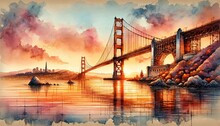 Golden Gate Bridge In San Francisco Bathed In The Amber Glow Of An Autumn Sunset