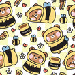 Seamless pattern of cute teddy bear wear bee costume background.Wild animal character cartoon design.Flower,leaf,bee,honey,heart hand drawn.Nature.Kawaii.Vector.Illustration.
