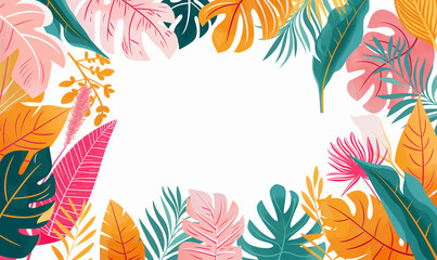 Wall Mural - A vibrant and colorful vector illustration of various tropical leaves forming an empty frame on a white background, perfect for adding text or design elements to the center