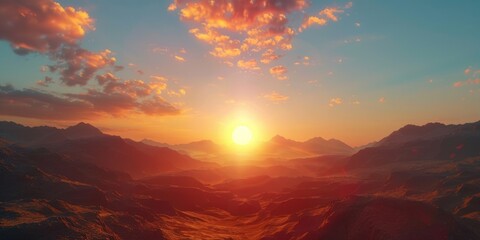 Wall Mural - Beautiful sunset over mountain range with large sun in sky