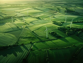 Canvas Print - Large field of green grass with wind turbines in background