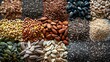 Artistic top view composition of mixed seeds including chia, flaxseed, pumpkin, sunflower, and sesame, emphasizing health benefits, isolated background