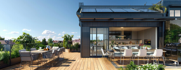 Wall Mural - view of the exterior roof and terrace area with solar panels, showcasing an open kitchen on one side leading to a dining table, chairs, a barbeque grill, a seating corner, and outdoor lighting.