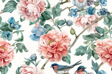 Seamless Vintage Watercolor With Peonies And Birds.