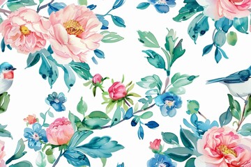  Seamless vintage watercolor with peonies and birds.