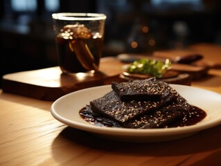 Wall Mural - A plate of food with a glass of liquid next to it. Scene is casual and relaxed