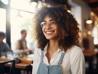 A woman with curly hair is smiling and wearing glasses. She is sitting at a table in a restaurant