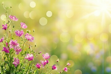 Wall Mural - A field of pink flowers with a bright sun shining on them. The flowers are in full bloom and the sun is casting a warm glow on the scene. Concept of peace and tranquility