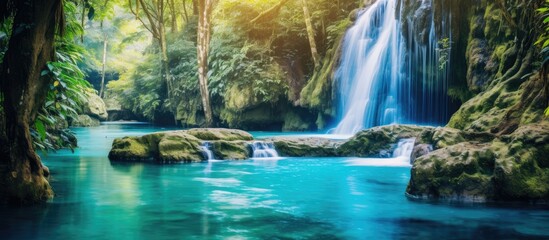 Sticker - Waterfall cascading in a lush forest, surrounded by greenery and natural beauty