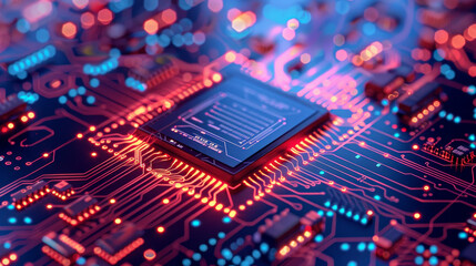 Fototapete - A computer chip is lit up in a bright red and blue color scheme