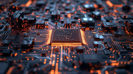 Poster - A computer chip is lit up in orange