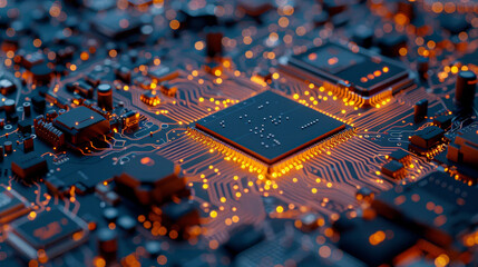 Poster - A computer chip is lit up in a black background