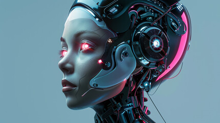 Poster - A woman with a robotic face and a red glowing eye