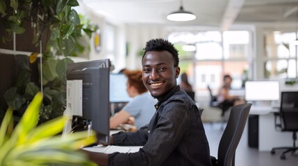 Wall Mural - An african man working on laptop in office.