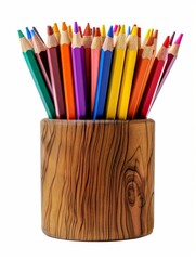 Wall Mural - different color pencils in a wooden container isolated on white background