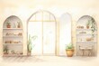 An illustration of a room with a large arched doorway in the center. There are two arched alcoves on either side of the doorway. The alcoves have shelves with books, plants, and other objects on them.