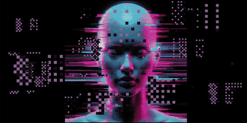 Poster - Glitched and pixelated silhouette of a 3D human head on a dark background. Conceptual vector illustration about man in the age of technology. 