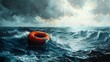 Lone Survivor Clinging to Life Raft in Tumultuous Ocean with Distant Horizon