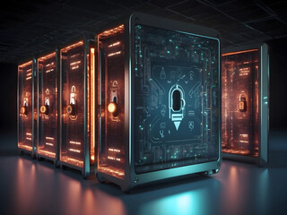 Poster - Cybersecurity concept with digital locks design and firewalls protecting a network, symbolizing defence against cyber threats