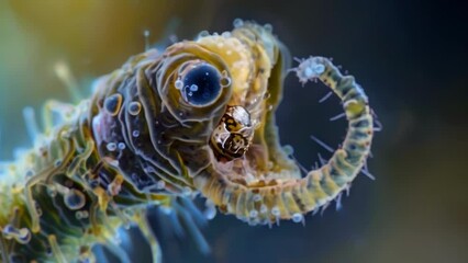 Sticker - A microscopic image of a single nematode with its mouth open feeding on minuscule organisms in the water. Its internal structures . AI generation.