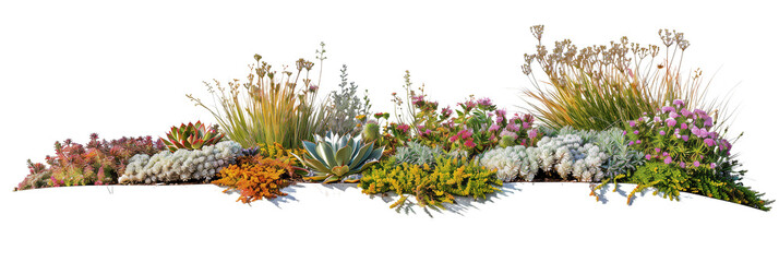 Wall Mural - Sustainable flowers bed featuring drought-resistant plants, blending sedums and succulents with native grasses, isolated on transparent background