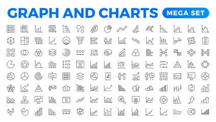 Fototapete - Growing bar graph icon set. Business graphs and charts icons. Statistics and analytics vector icon. Statistic and data, charts diagrams, money, down or up arrow.Outline icon collection.