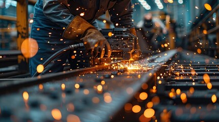 Poster - A close up of man working on a metal piece, a electric motor is connected to the piece and the man is welding something. Generative AI.
