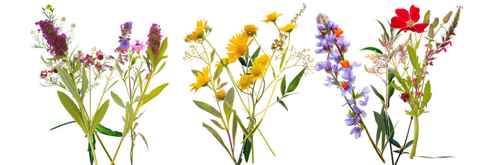 Wall Mural - set of roadside wildflower arrangements, combining spontaneous blossoms with native foliage, isolated on transparent background