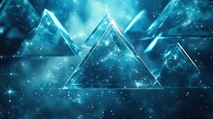 Poster - Enigmatic turquoise blue triangles merging with abstract light patterns, perfect for sleek hi-tech presentations. Generative AI.