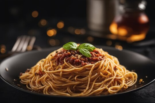 dark plate italian spaghetti pasta tomatoes sauce food basil lunch dinner background top cookery red cheese meal dish white closeup healthy view traditional fresh green cooked mediterranean vegetable'