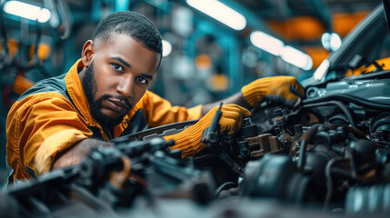 Poster - The employee of an automotive factory fixes a technical issue. Generative AI.