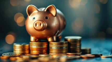 Aufkleber - A piggy bank placed atop a stack of coins against a dark blue background. Generative AI.