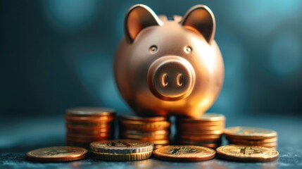 Aufkleber - A piggy bank placed atop a stack of coins against a dark blue background. Generative AI.