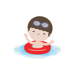 Wall Mural - Kid wearing float rings, Cute Kids cartoon Pool party characters, child spending holidays in seaside or swimming pool on white background Vector illustration