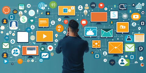 Fototapete - Businessman with his back turned looking at social media icons and using digital marketing tools on the computer screen in the office, vector illustration concept. Generative AI.