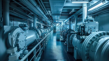Fototapete - Complex intricate engine room, muted shades of blue. Generative AI.