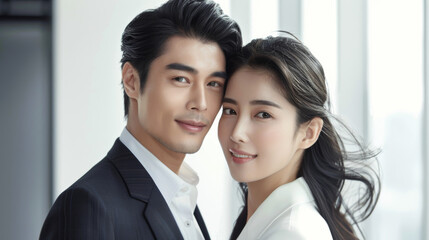 korean couple like in a korean drama with a modern man and woman with long beautiful hair