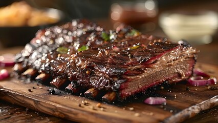 Wall Mural - Traditional American Comfort Food: Texas Smoked Brisket on Charcoal Board. Concept Barbecue Recipes, Smoking Techniques, Smoked Meats, Charcoal Grilling, Texas Brisket