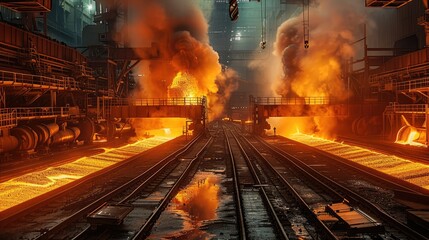 Poster - A steel mill with a lot of hot steel. Generative AI.