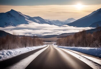 Wall Mural - 'asphalt empty snow road mountain winter landscape nature cold sky ice snowy blue white travel ski view country beautiful frost highway antarctic south pole'