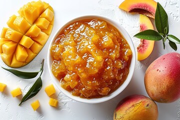 Wall Mural - Mango chutney in a white bowl isolated on a transparent background, with mango and slices of mangos next to it