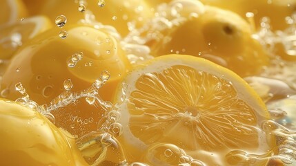 Poster - A closeup of yellow lemons in water, with light yellow tones, semi transparent texture style. Generative AI.