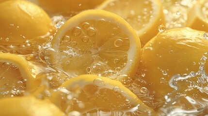 Poster - A closeup of yellow lemons in water, with light yellow tones, semi transparent texture style. Generative AI.