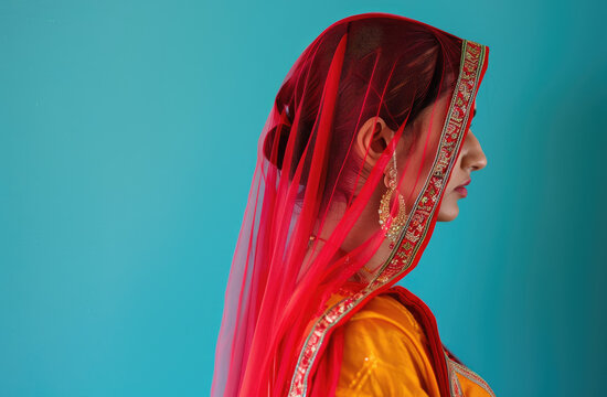Young woman in a traditional Indian sari with a red veil on a colored background