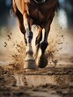 A close up of a horse's hooves as it gallops.