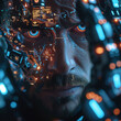 Close-up of a man with cybernetic implants, manipulating digital data to divert electronic funds--ar 7:2