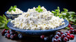 Fresh Cottage Cheese in Blue Patterned Bowl with Berries and Herbs on Wooden Surface.