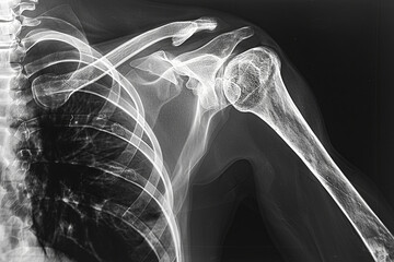 Radiograph depicting artificial joint replacement of the shoulder