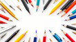 Assorted pencils and pens radiating outwards on a white background, symbolizing creativity and writing.