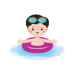 Wall Mural - Kid wearing float rings, Cute Kids cartoon Pool party characters, child spending holidays in seaside or swimming pool on white background Vector illustration